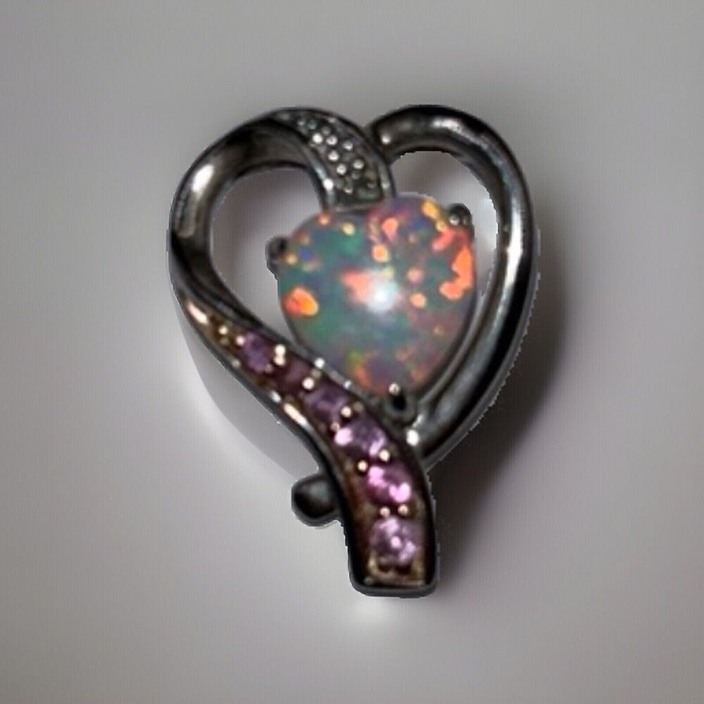 925 Sterling Silver Ethiopian Opal & Pink Sapphire Heart Pendant 18” Chain Vtg